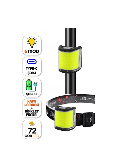 Telvesse 2 Si 1 Arada 72led Şarjlı Bisiklet Feneri Çakarlı Kafa Lambası Çift Özellikli Güçlü Işık 6 Mod 6053 Siyah