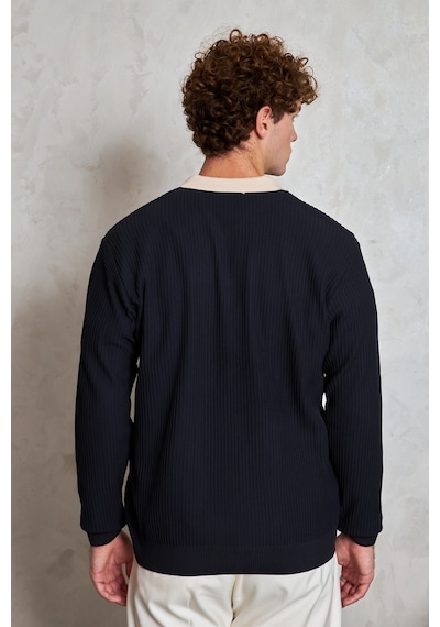 Erkek Polo Yaka Nopeli Oversize Triko Kazak Lacivert