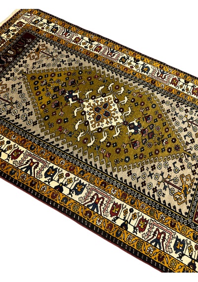 El Dokuma Sıfır Yahyalı Halısı 118x200 Yeşil Krem Kök Boya Halı Yeşil