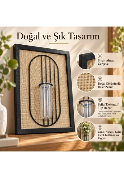 Siyah Ahşap Çerçeveli Hasır Zeminli Metal Detaylı Tüp Vazolu Dekoratif Duvar Tablosu - 21x30 Cm Çok Renkli Siyah Ahşap Çerçeveli Hasır Zeminli Metal Detaylı Tüp Vazolu Dekoratif Duvar Tablosu - 21x30 Cm Çok Renkli