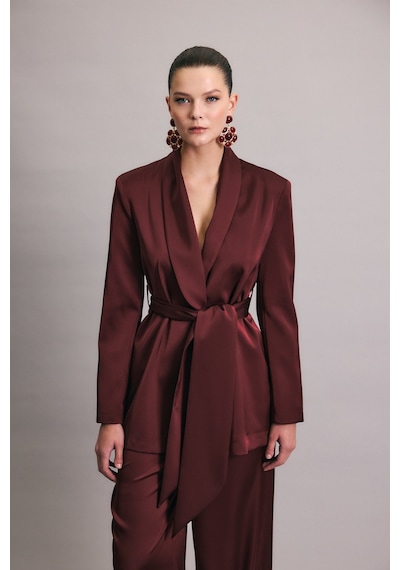 Sateen Kuşaklı Saten Ceket - Bordo-137007 Bordo