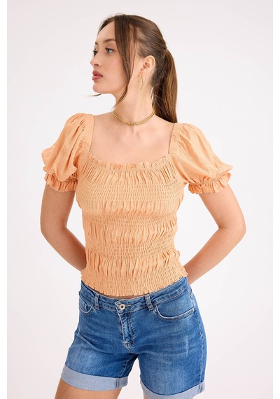 Vitrin Kare Yaka Viskon Keten Crop Bluz Kayısı