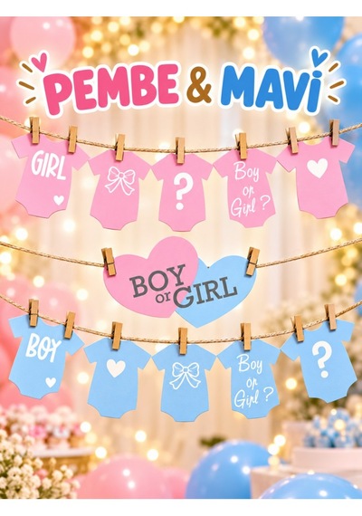 Hiras Dizayn Baby Shower İpli Banner Seti 11 Parça Kız Mı Erkek Mi Pembe Mavi Mavi - Pembe