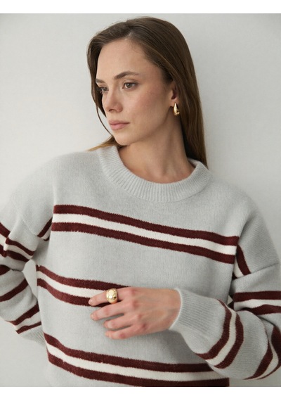 Laluvia Bordo Renkli Çizgili Oversize Triko Kazak - 2516 Bordo