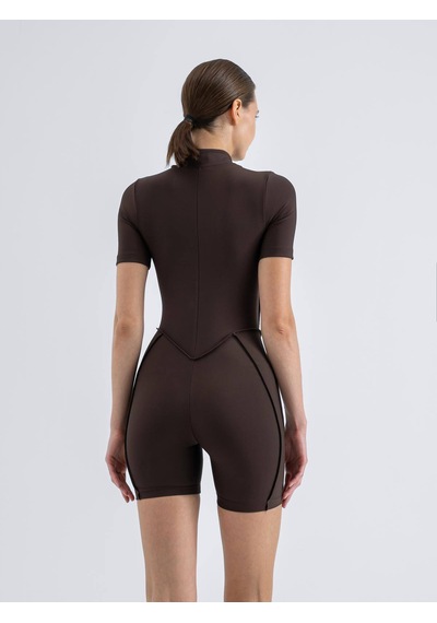 Lismina Dikişle Modellenmiş Spor Tayt Şort Tulum Kahverengi