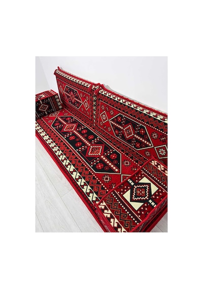 Sedir Deseni Şark Köşesi Takımı 70x190 Cm 5 Parça Dolu Set - Kırmızı Çökmeyen Sünger