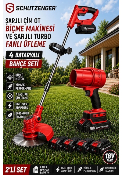 Schutzenger 965VR Şarjlı Ot Çim Biçme Tırpan 4 Batarya Şarjlı Turbo Fanlı Üfleme Makinesi 2 Li Bahçe Seti Kırmızı