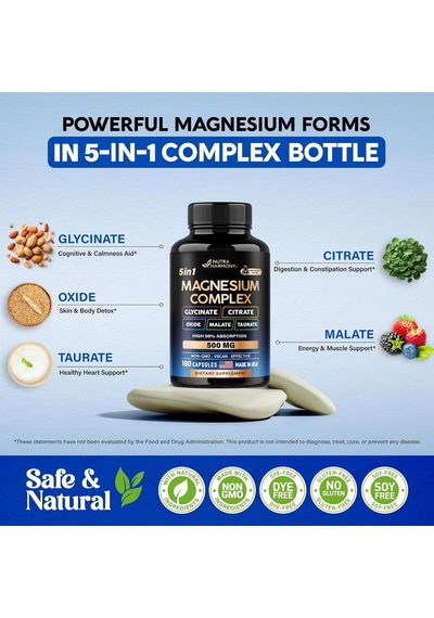 Magnesium 5-in-1 Complex Glycinate, Citrate, Oxide, Malate & Taurate 500 Mg 180 Capsules