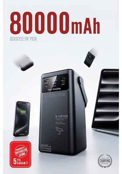 80.000mah Kamp 30w 22.5w Qc Hızlı Şarjlı Dahili Usb-c Kablolu Led Işıklı Dijital Göstergeli Taşınabilir Güç İstasyonu