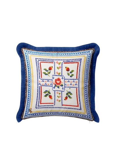 Çiçekli Etnik Motifli Saçaklı Yastık Kılıfı - Otantik Boho Mavi Lacivert Püsküllü Kırlent Kılıfı Sakin Düş Opal