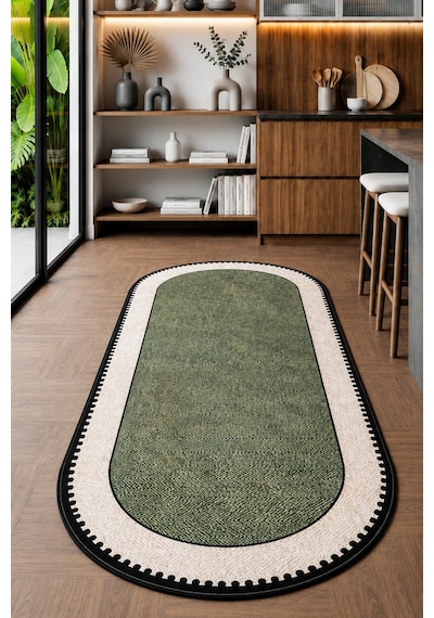 Neho Oval Green Makinede Yıkanabilir Kaymaz Taban Leke Tutmaz Dijital Salon Halısı Mutfak Halısı Ve Yolluk Haki