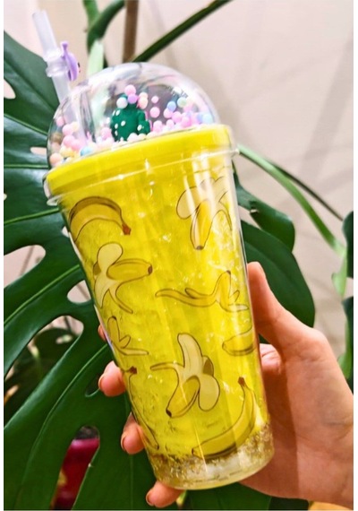 Led Işıklı Figürlü Banana Muz Temalı Suluk Pipetli Buzlu Cam Görünümlü 450 Ml Çift Katman Suluk 2768 Çok Renkli