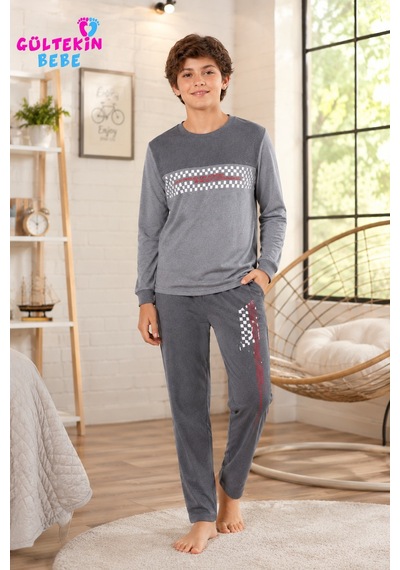 Tarık İnterlok Kumaş Kendinden Desenli Erkek Pijama Takımı 11-16 Yaş -ta4416470 - Gri