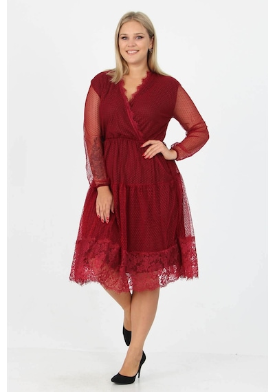 Dip Moda Kadın Astarlı Tül Büyük Beden Elbise Dpapcx14 Bordo