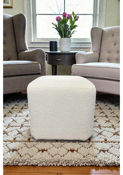 Kare Puf - Block Bukle Şönil Kumaş - Modern Dekoratif Şık Ve Konforlu Puf&bench Krem