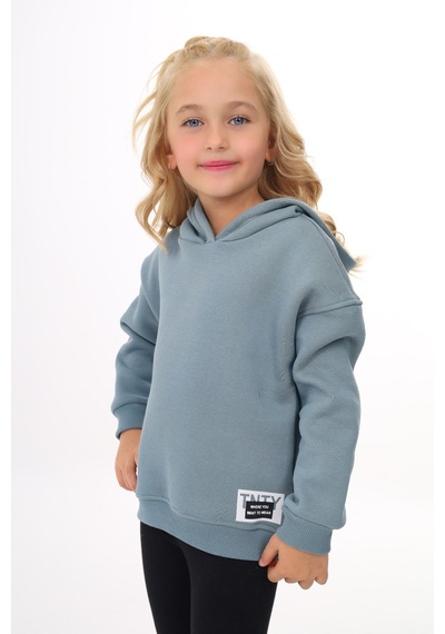 Toontoy Kız Çocuk Oversize Kapüşonlu Düşük Omuz Baskılı Sweatshirt - 3 İplik Şardonlu Mint