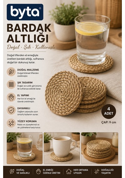 Doğal Hasır Bardak Altlığı 4'lü Set 9 Cm Yuvarlak Supla Kupa Ve Bardak Altlığı Diğer