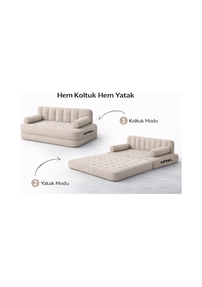 Çift Kişilik 2 Si 1 Arada Kendi Kendine Şişen Şarjlı Şişme Koltuk Ve Yatak 190x150x65cm Bej