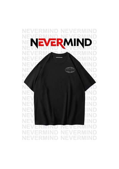 Nevermind Oversize Unisex Tişört Grafik Baskılı, Rahat Kalıp Siyah