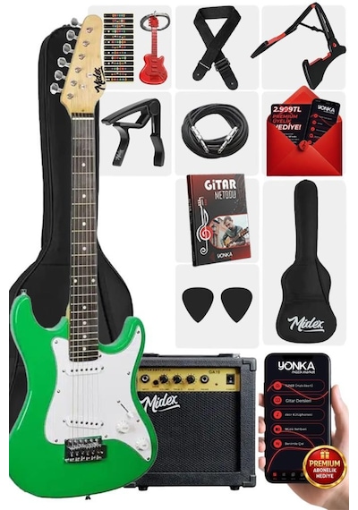 Midex Ceg-36gr 8-12 Yaş Çocuklar İçin Amfili Full 3/4 36 İnç Elektro Gitar Seti Yeşil
