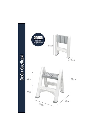 2 Katlı Katlanır Merdiven Tabure, Kaydırmaz Tabanlı, 200 Kg Kapasiteli Beyaz