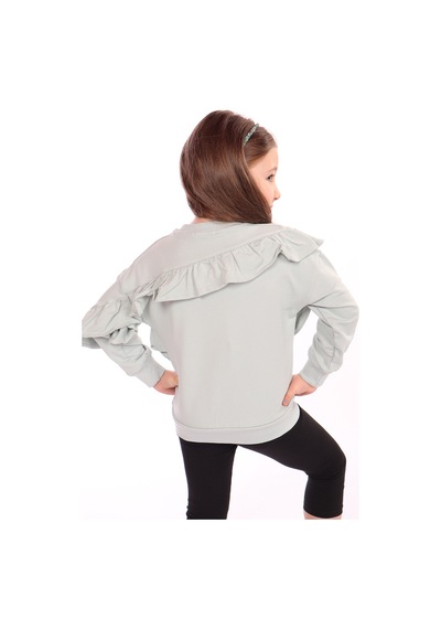 Toontoy Kız Çocuk Oversize Bisiklet Yaka Düşük Omuz Asimetrik Sweatshirt - Fırfır Detaylı & 2 İplik Gri