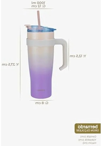 Pembe Pipetli Termos Bardak, 1000ml Kapasite İle Soğuk İçecekler İçin Açık Beyaz