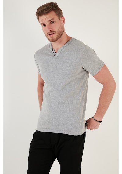 Buratti Pamuklu V Yaka Slim Fit Erkek T Shirt 5902122 Gri Melanj