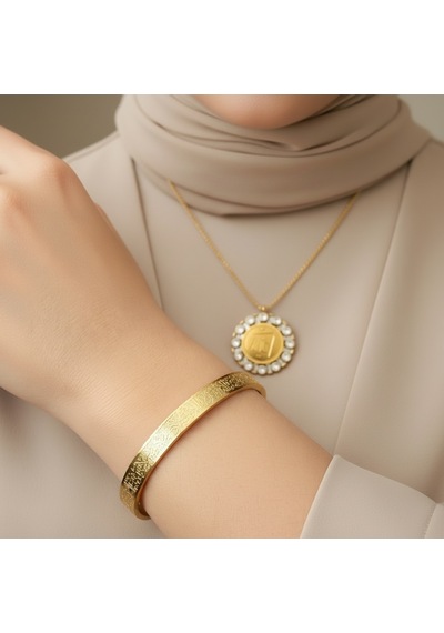 Taşlı Allah Yazılı Kolye Ve Ayetel Kürsi Bileklik Seti Gold Çelik İslami Takı Altın