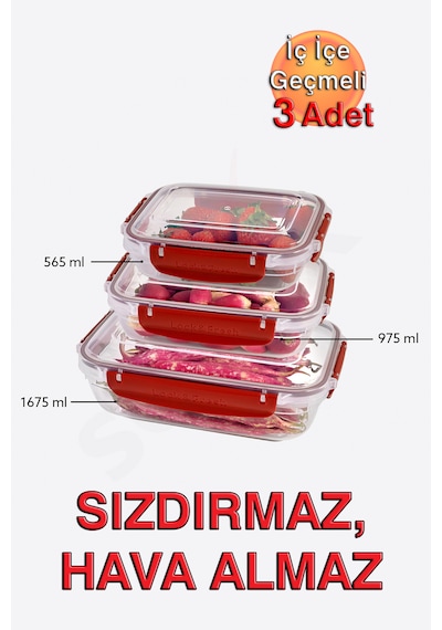 Lock&fresh Master Dikdörtgen Saklama Kabı 565,975,1675 Ml Üçlü Set Kırmızı