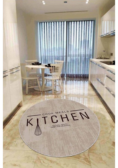 Bej Kaymaz Taban Kitchen Yazılı Yuvarlak Mutfak Halısı Ar801n11