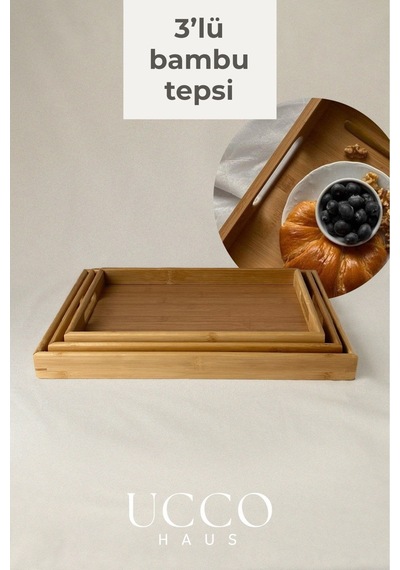 3'lü Bambu Tepsi Seti Doğal Ahşap Servis Tepsisi 40x28 -37x25 -33x22 Cm Şık Ve Sağlıklı Sunum