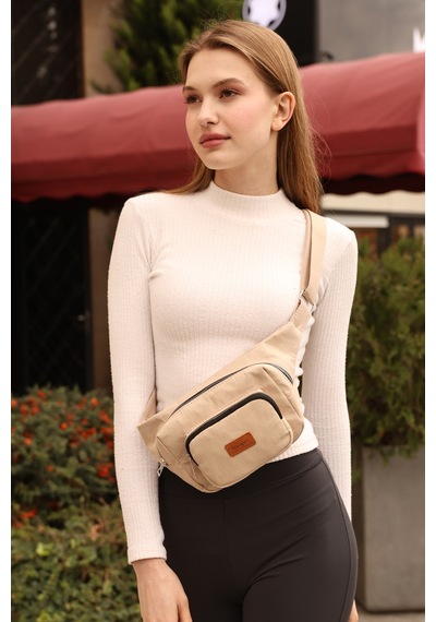 Passtell Kanvas Kumaş Bel Çantası Ve Omuz Çantası Krem Krem