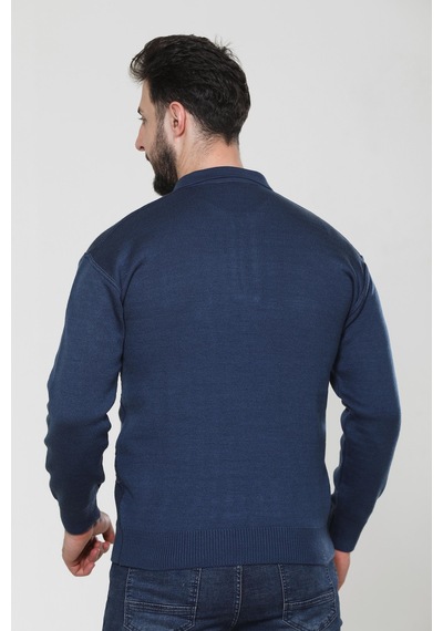 Kzc Tekstil Erkek Baba Orta Yaş Ve Üzeri Triko Örgü Akrilik Kışlık Regular Fit Cepli Fermuarlı Polo Yaka Kazak Mavi