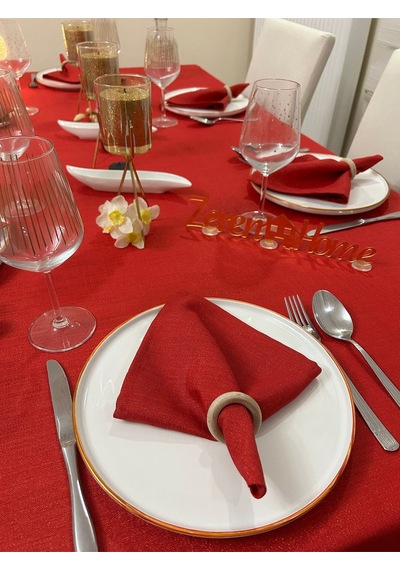 Polyester Keten Simli Masa Örtüsü Kırmızı + 12 Peçete