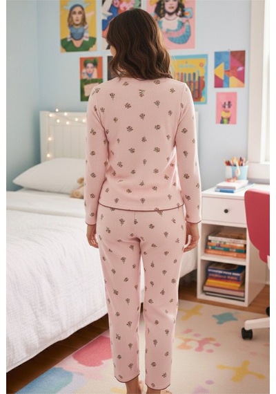 Siyah İnci Dantelli Bürümcük-krınkıl Uzun Kollu Pijama Takım Pembe