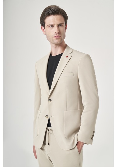 İmza Bej Mono Yaka 6 Drop Slim Fit Beli Lastikli Takım Elbise 1001260194 Koyu Bej