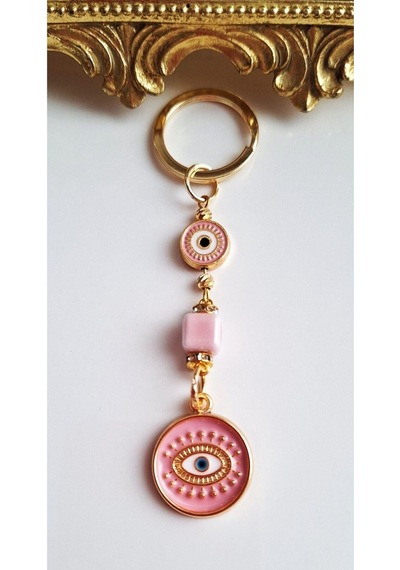 Hediyelik 5'li Zirkon Taşlı Nazar Boncuklu Pembe Şık Anahtarlık 10,5 Cm