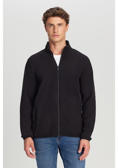 AC&Co / Altınyıldız Classics Erkek Sıyah Anti-pilling Tüylenme Yapmayan Standart Fit Bato Yaka Sweatshirt Polar Ceket Siyah
