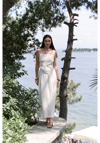 Mai Collection Mai Studios Co. Kita Üçgen Detay Çizgili Ekru Keten Crop Ekru