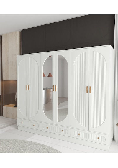 Soho 6 Kapaklı Çekmeceli Bazalı Gardırop - Tamamı Mdf Beyaz