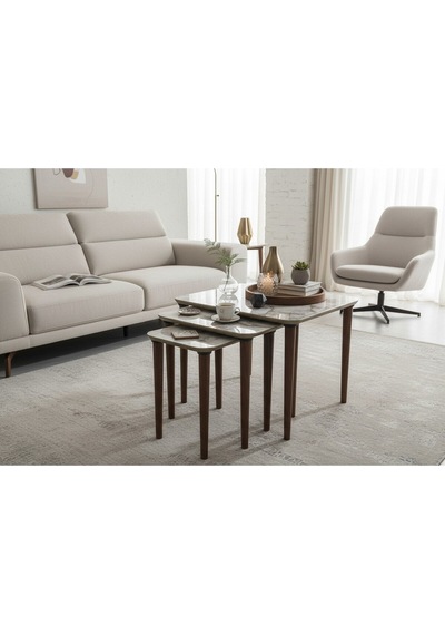Msy Home Venüs Modern 3 Lü Zigon,orta,yan Sehpa Mdf İç İçe Geçen Pratik Sehpa Seti Beyaz Mermer