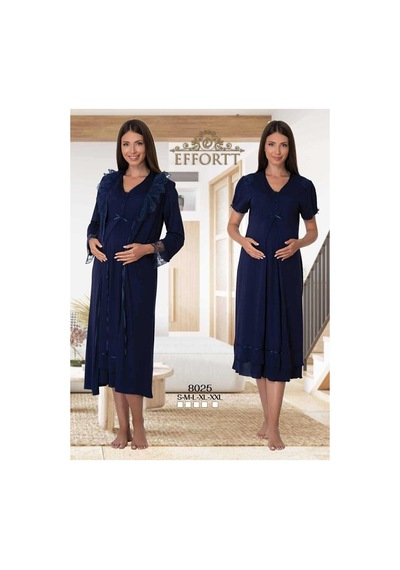 Effortt Mayss Collections 8025 Lacivert Renk Sabahlıklı Lohusa Gecelik Takımı Lacivert