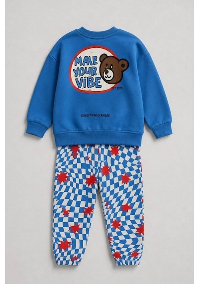 Mamy Kids Erkek Çocuk Ayıcık Baskılı Sweat Ve Damalı Eşofman Takım Mavi