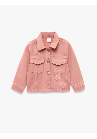 Koton Yıldız Nakışlı Pamuklu Kapaklı Cepli Uzun Kollu Denim Ceket Pembe 7wmg60002ad Açık Pembe