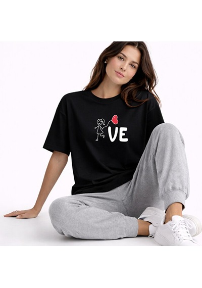 Sevgili Kombini Love Baskılı Çift Tişört Oversize Unisex Partner Siyah
