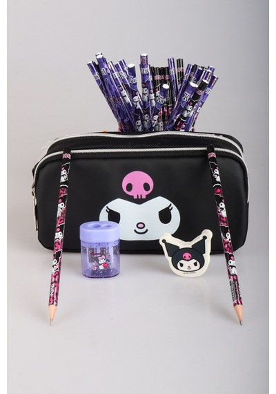 X Dekomus Lisanslı Kuromi Dark Delight Collection Kalem Çantası,2 Adet Kurşun Kalem,silgi,kalemtraş Seti Altın