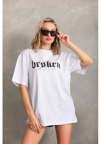 Amorluxe Unisex Baskılı Oversize T-shirt - Beyaz