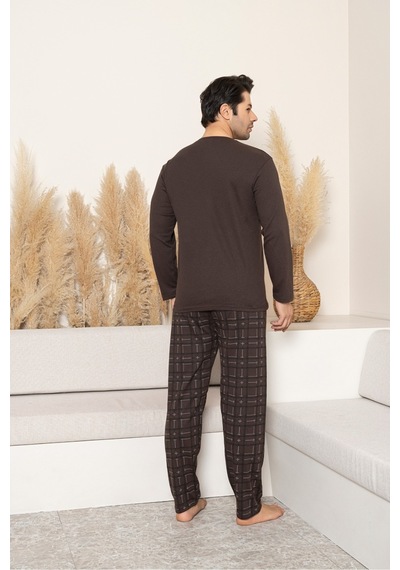 Sude Homewear Erkek Uzun Kol Pijama Takımı Kahverengi