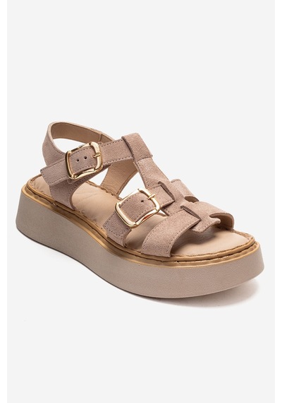 Luvishoes Loın Bej Süet Hakiki Deri Tokalı Kadın Sandalet Bej